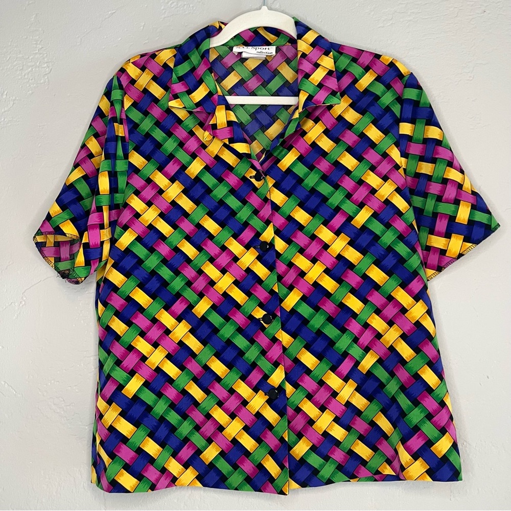 Vintage SG Sport Colorful Lattice Print Button Up Top Size Medium